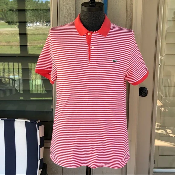 LACOSTE Men’s Coral & White Micro-Stripe Cotton Pique Knit Shirt - Size EU6/US L - Picture 5 of 12